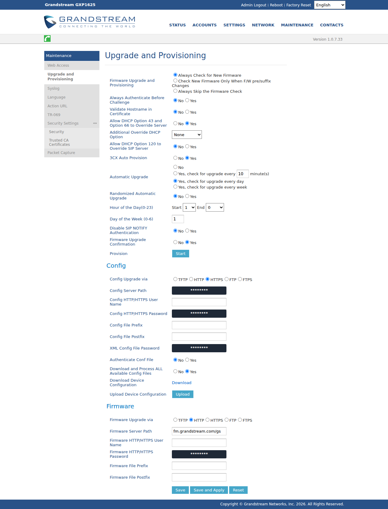 Grandstream GXP1625 の Upgrade and Provisioning 画面