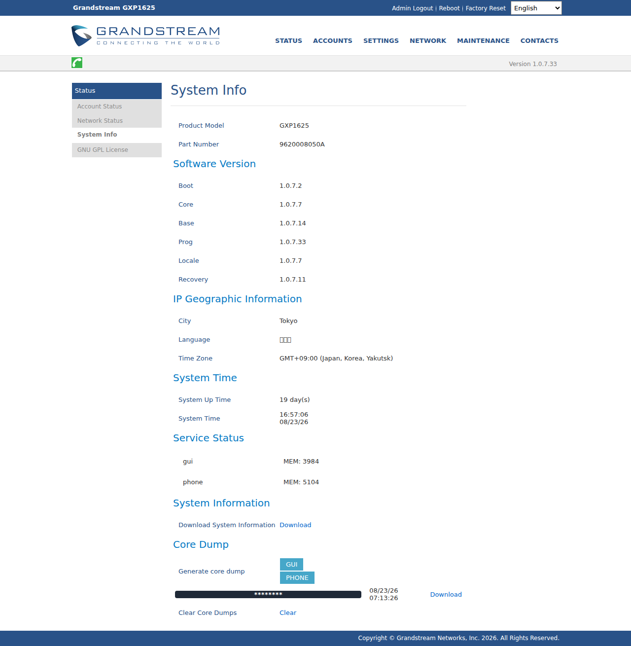 Grandstream GXP1625 の System Info 画面