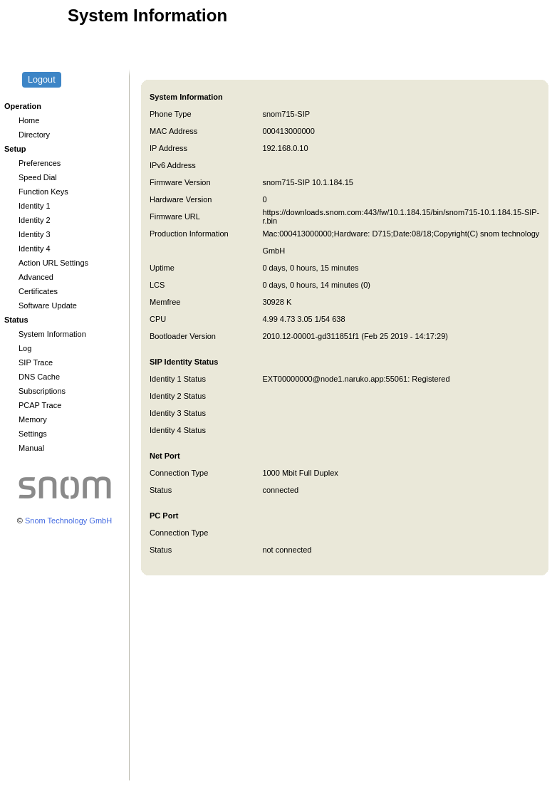 snom D715 の System Information 画面